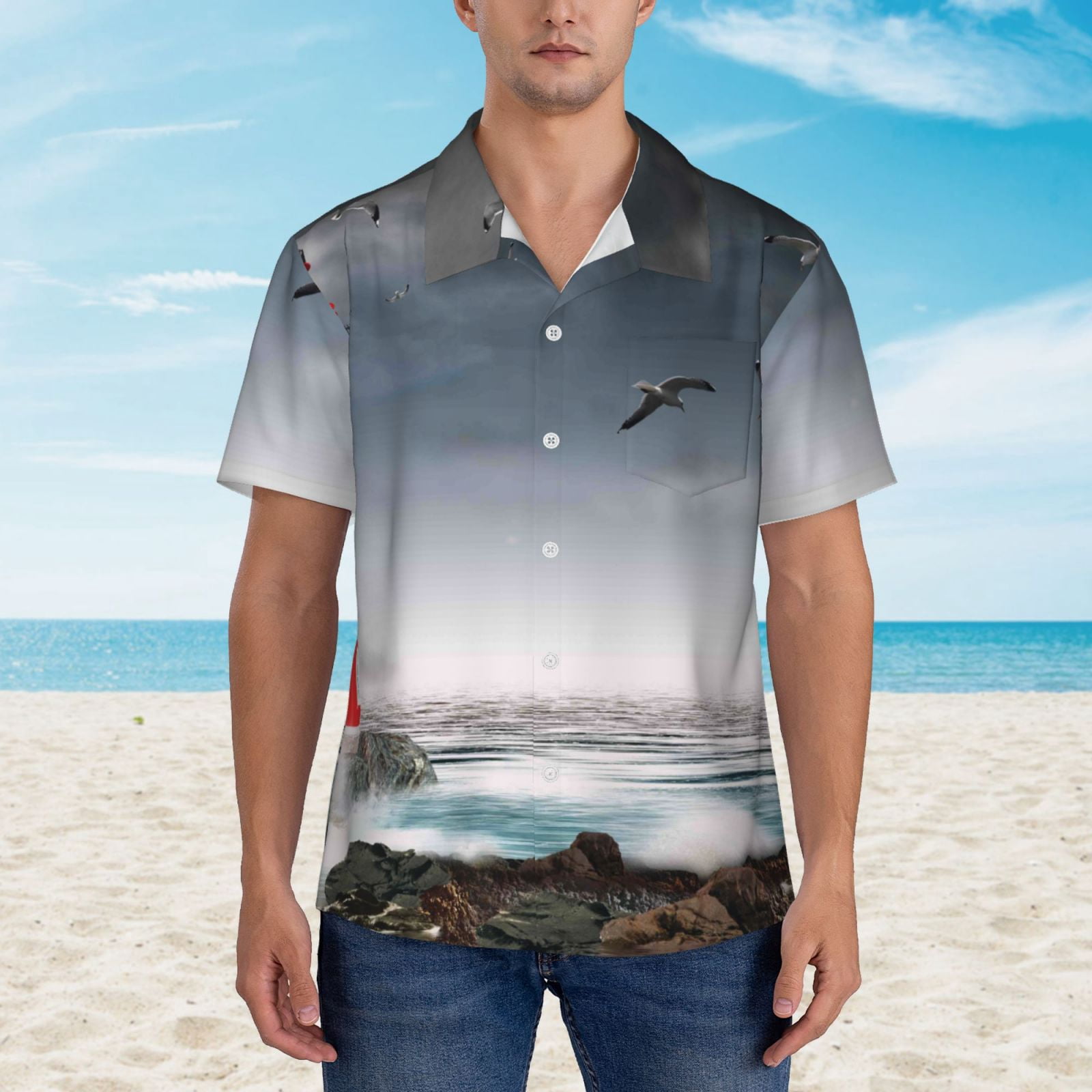Kuqiui 3d Lighthouse in the Surf Pattern Men's Casual Button-Down Shirts Hawaiian Shirt Short Sleeve-X-Large