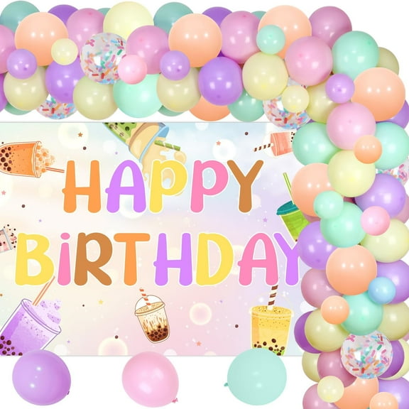 Boba Tea Birthday Party Decorations Milk Tea Happy Birthday Backdrop Macaron Rainbow Balloon Garland Arch Kit for Boys Girls Birthday Party Decor Supplies
