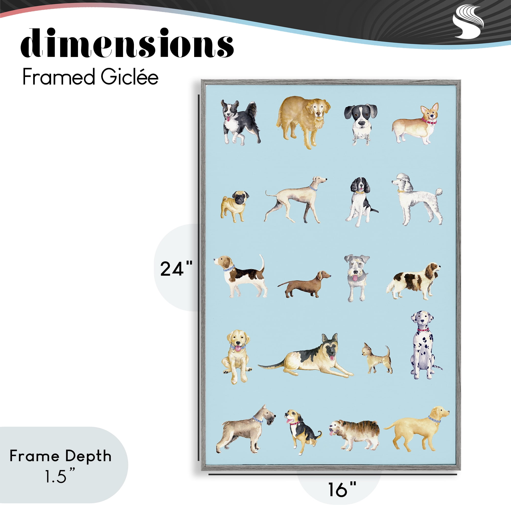 Stupell Industries Dog Breeds on Blue Gray Framed Giclee Art, design by Andi Metz