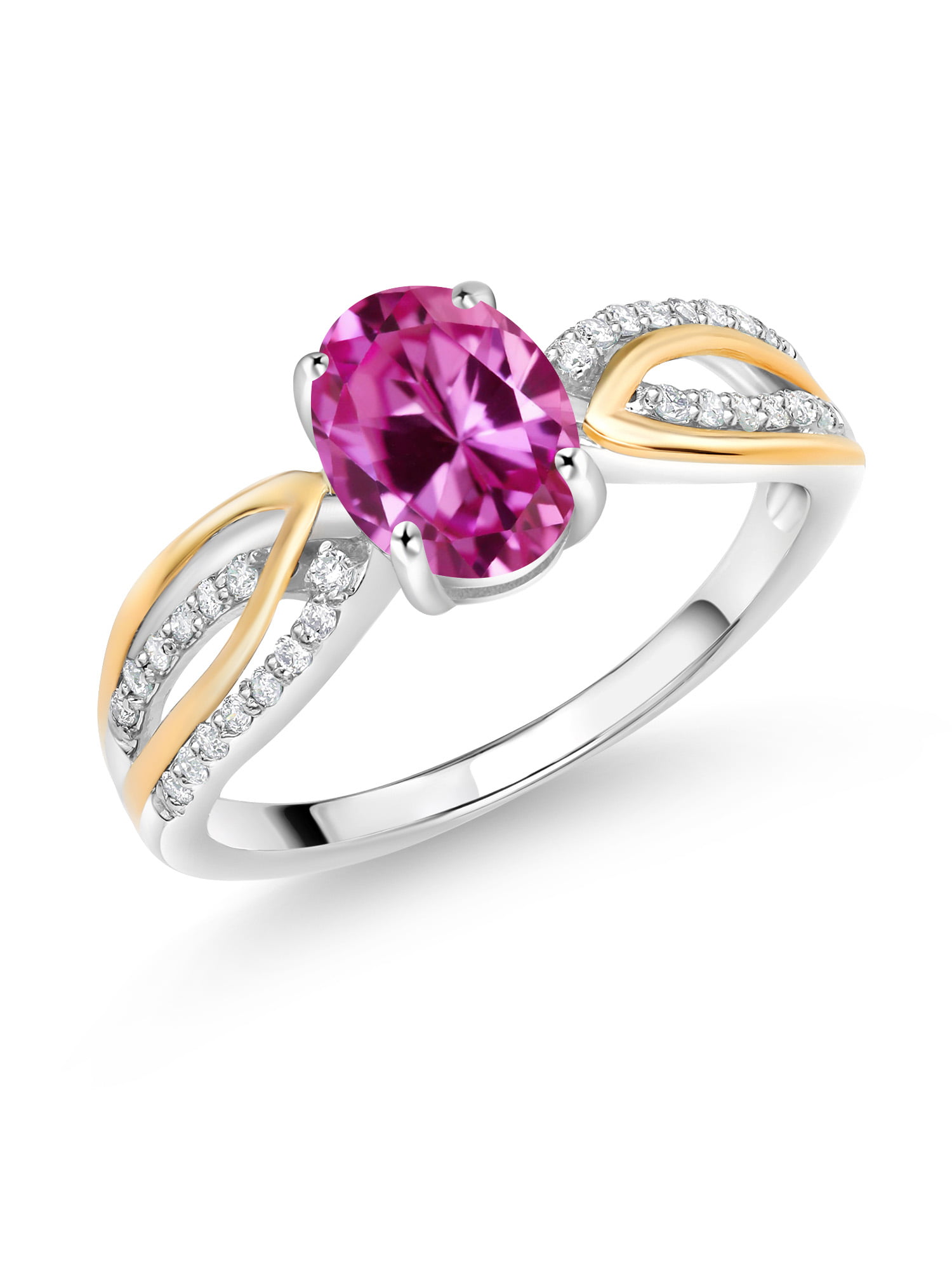 Gem Stone King 1.00 Ct Oval Pink Created Sapphire 925 Yellow Gold Plated Silver Ring
