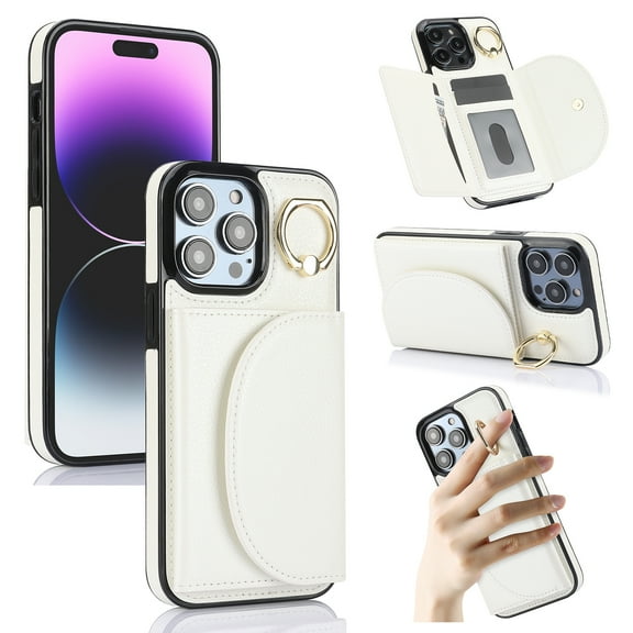 Feishell Premium Leather Case For iPhone 12 Pro/12 with Credit Card Holder,Back Magnetic Closure,360 Finger Ring Stand Kickstand,RFID Blocking Shockproof Wallet Cover iPhone 12/12 Pro,White