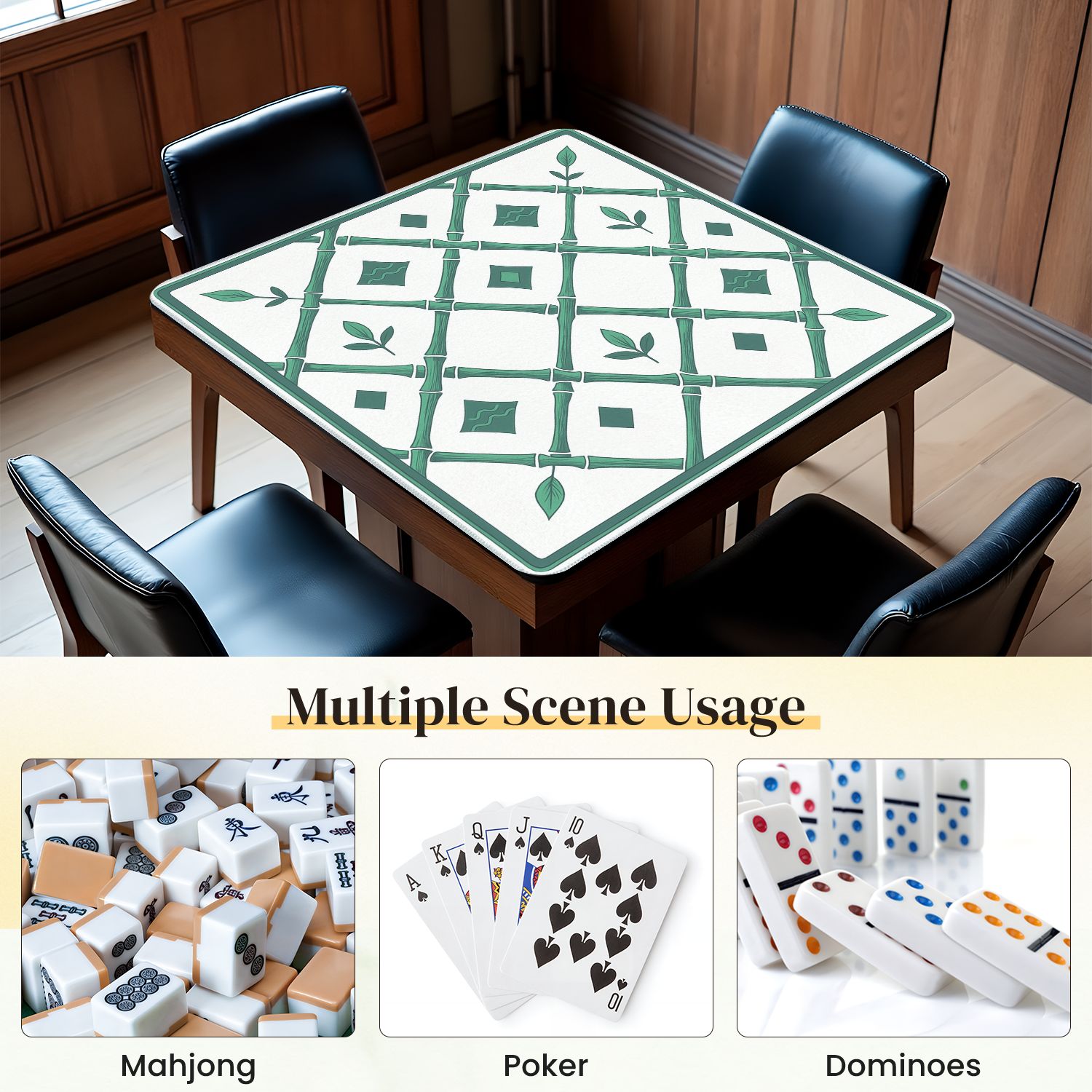 Mahjong Mat 31.5" x 31.5" Green Bamboo Diamond Leaves Floral Details Anti-Slip and Noise Reduction Symmetry Design Mahjong Tiles Table Cover for Dominoes Poker Card Board and Tile Games