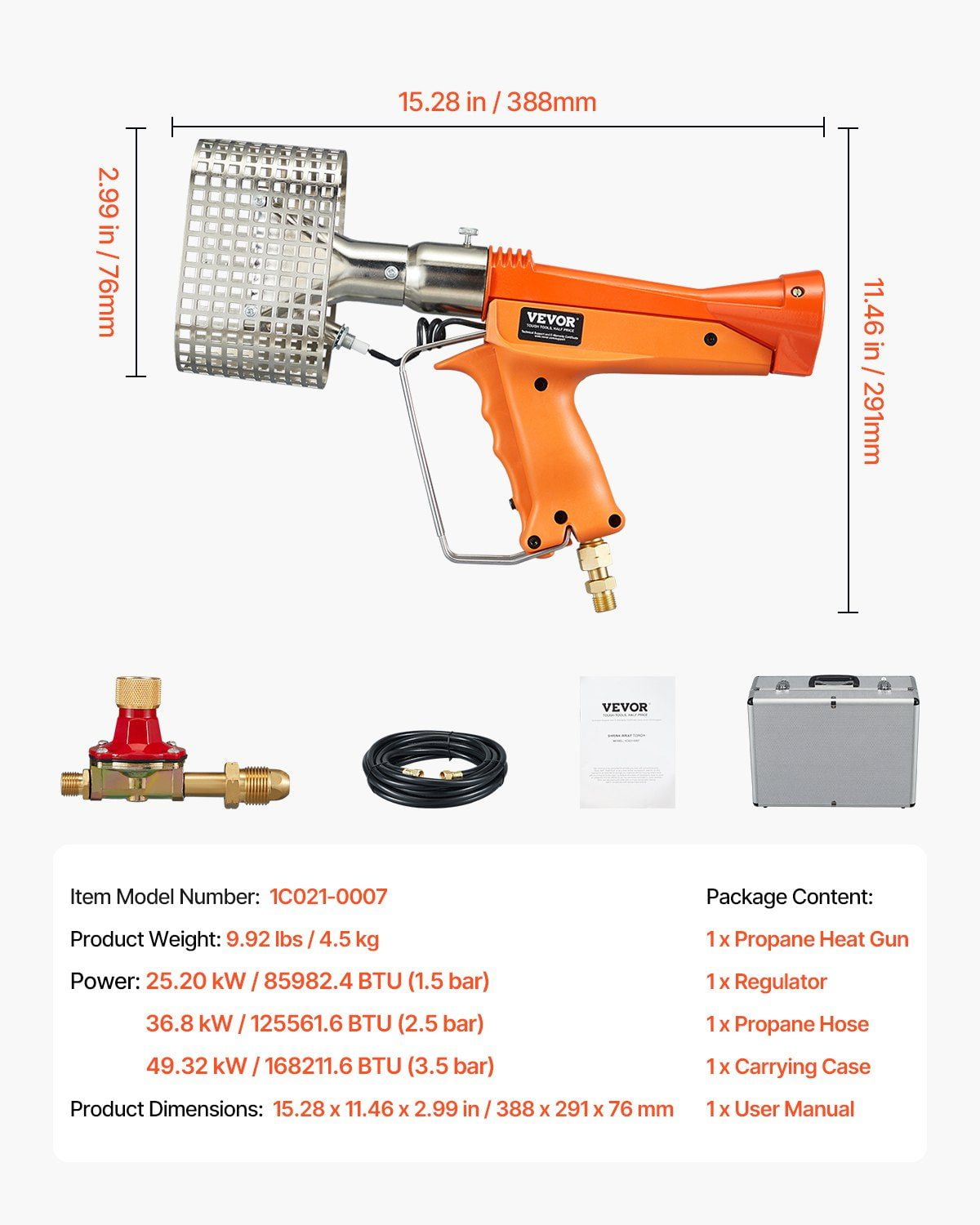 Propane Heat Gun Up to 187,660 BTU Hot Air Gun with Adjustable Regulator and Carry Case, Powerful Shrink Wrapping Tool for PO, PE, PVC, Pallet Packaging, Boat Shrink Film, and Industrial Applications