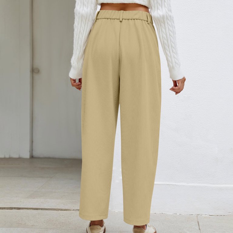Llywey Fleece Lined Dress Pants for Women s Ladies Casual Solid Pocket High Waist Straight Leg Pants Casual Pants Corduroy High Waist Wide Leg Casual