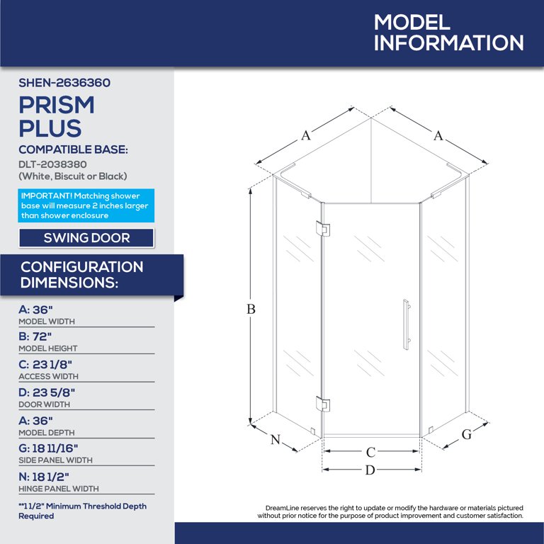 DreamLine SlimLine 38" X 38" Neo-Angle Shower Base - White Corner Drain Acrylic Pan, Low Profile Design