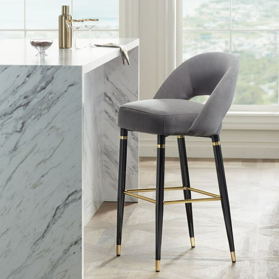 Studio 55D Simone Matte Black Bar Stool 31 1/2" High Modern Dark Gray Velvet Cushion with Backrest Footrest for Kitchen Counter Height Island Shed