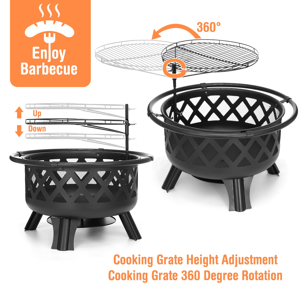 Outdoor Wood Burning Fire Pit, 30 Inch Fire Pit Cooking Grate