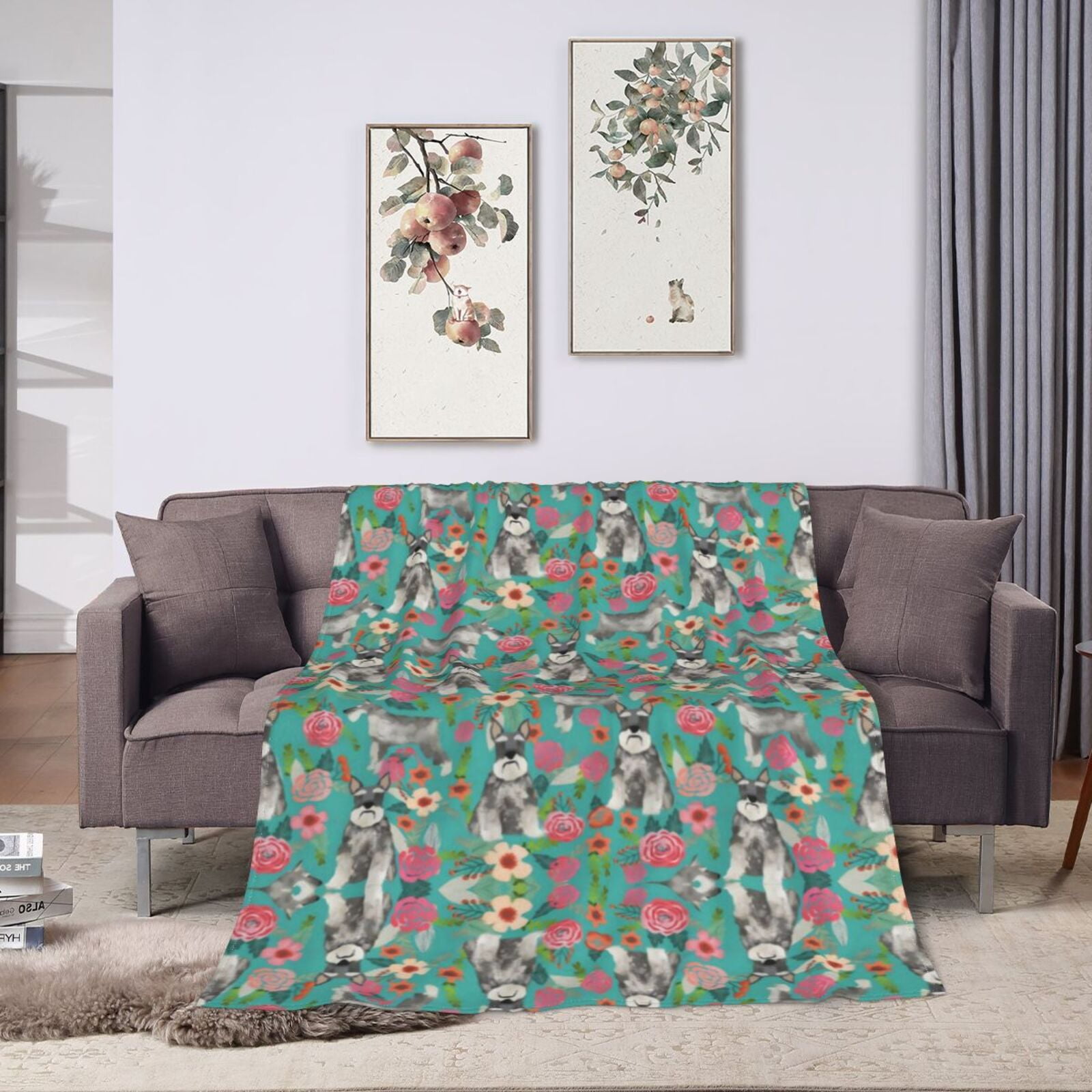 Wijzvio Schnauzer Dogs Lovers Flower Floral Throw Blanket Soft Fuzzy Fleece Blanket For Couch Bed Living Room Decoration 60"X50"