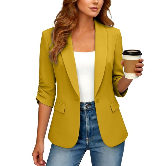 SSZMDLB Women Collared 3/4 Sleeve Ruched Jacket Casual Work Blazer Solid Basic Office Outerwear Tops, Yellow S