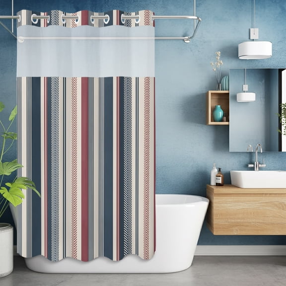 No Hook Shower Curtain with Snap in Liner, Vintage Blue Red Stripes Waterproof Bath Curtain Double Layers with See Through Top Window, Abstract Geometric Line Hotel Shower Curtains 36x72in