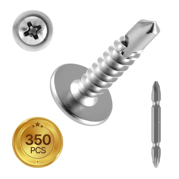 VEVOR #8 Self Drilling Wood Screws, 3/4 Inch Long 350 PCS Truss Head Wood Screws, Phillips Drive Quick Metal Self Tapping Screw, Stainless Steel and Full Thread, Screwdriver Bit Included, Silver