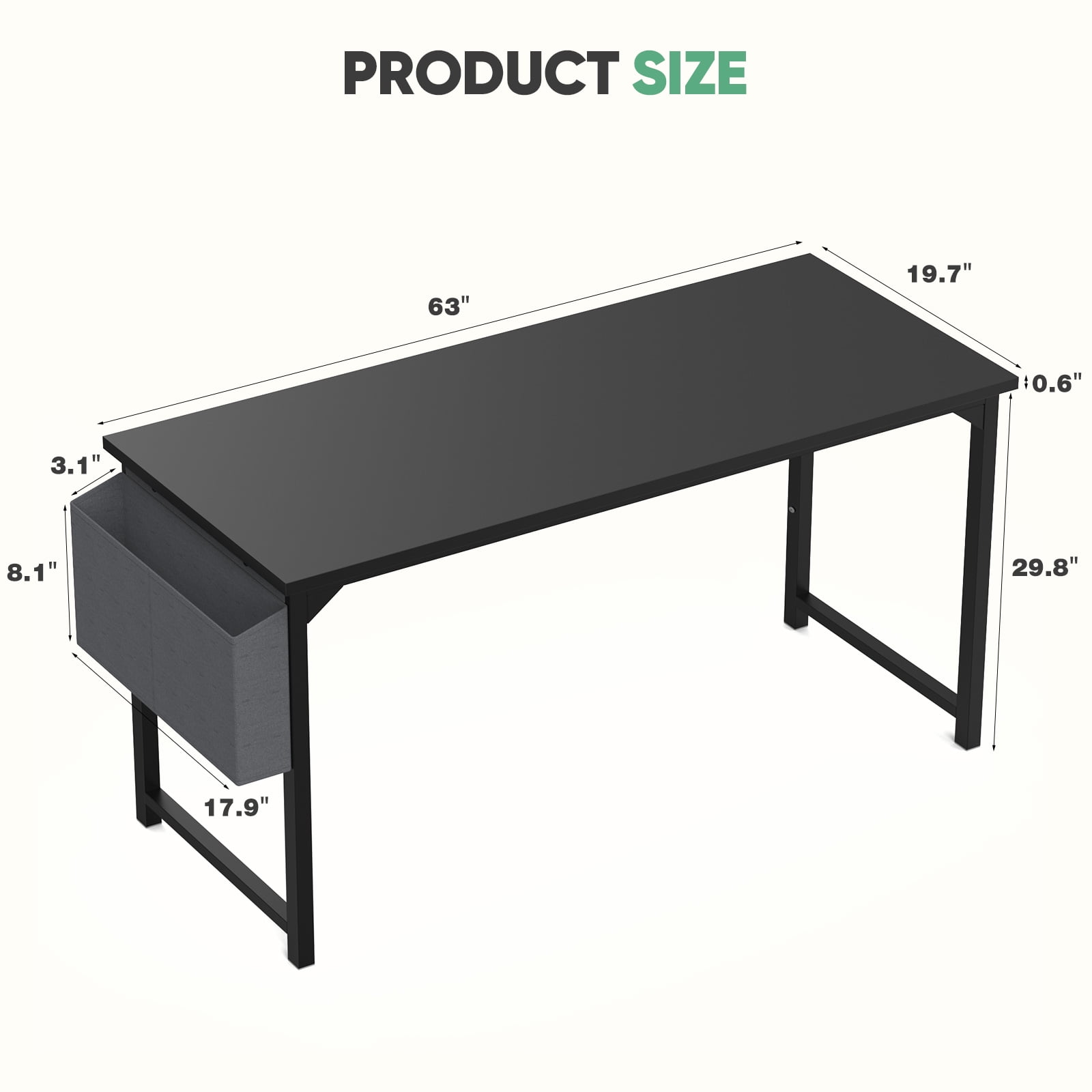 MAYEERTY 63 Inch Writing Desk with Fabric Drawers & Storage Bag, Modern Home Office Desk,Black