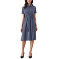 thumbnail image 2 of INSPIRE CHIC Striped Work Dress for Women's Lapel Collared Tie Waist Offcie Button Down Short Sleeve Long Casual Dresses XL Dark Blue, 2 of 6