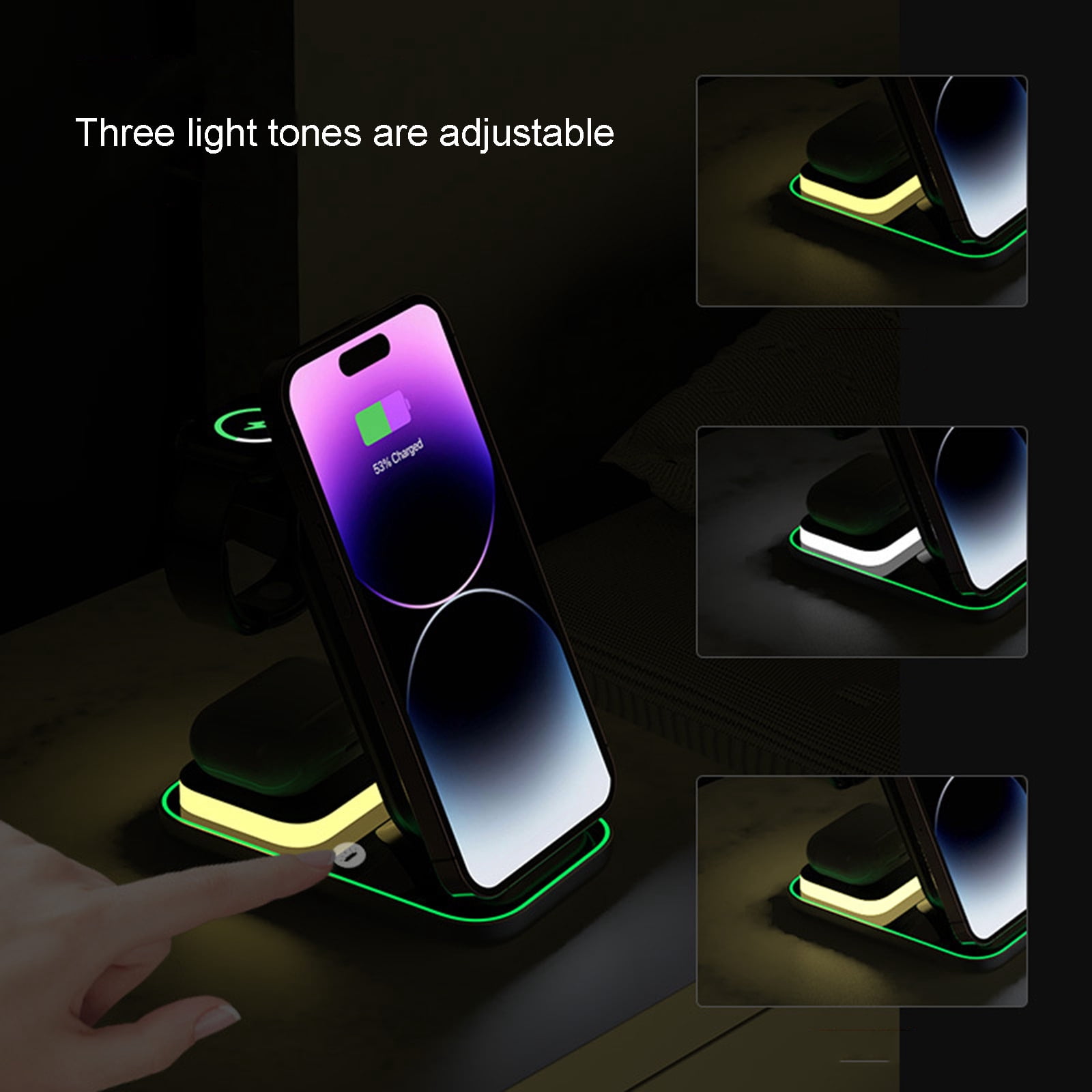Oggfader Wireless Charger Stand Smart 15W Wireless Fast Charging Mobile Phone Watch Earphone Night Light 4 In 1 Wireless Charger Supports Android And IOS Mobile Phone Bracket
