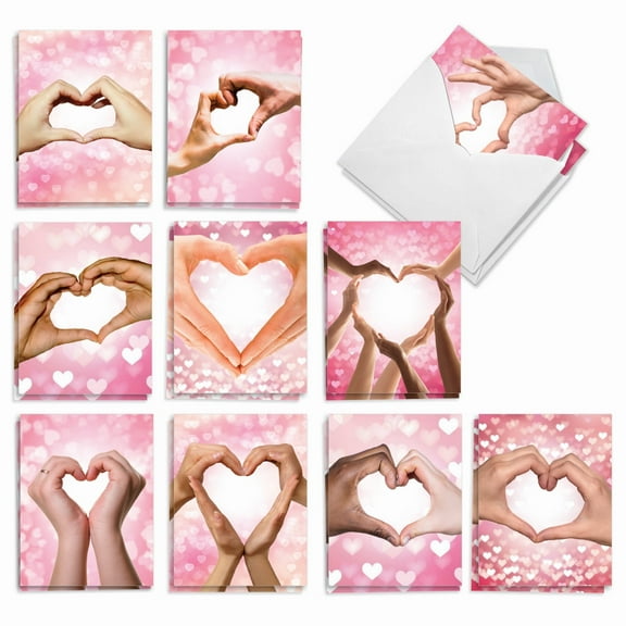 The Best Card Company 20 Assorted Valentine's Day Notecards Boxed Set 4 x 5.12 Inch with Envelopes (10 Designs, 2 Each) Loving Hands AM10434VDG-B2x10