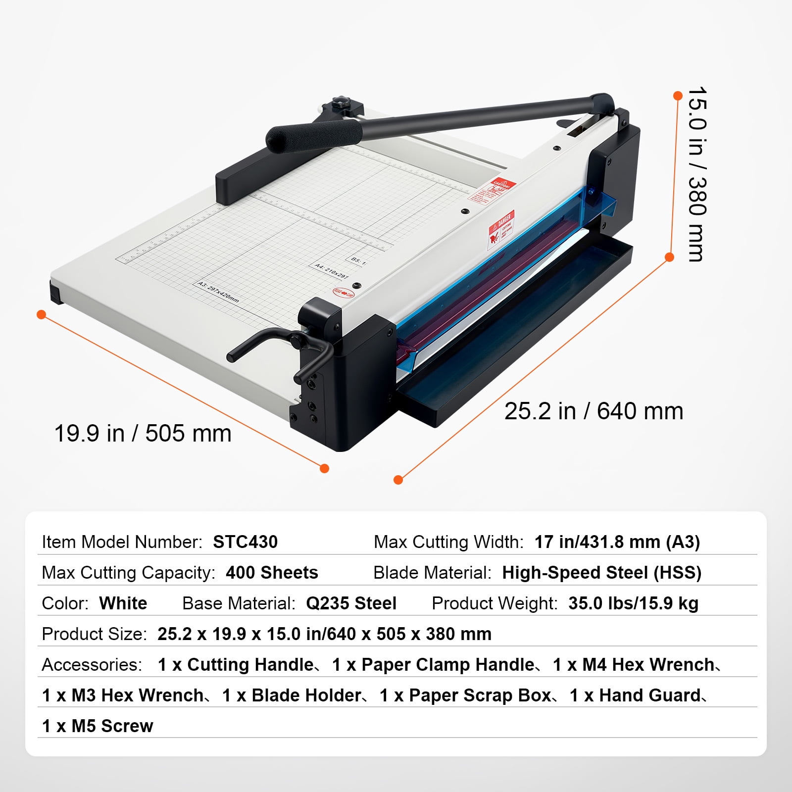 KFFKFF Robust Paper Slicer, 17" Professional Industrial Paper Slicing Device for A3 Paper, Can Handle 400 Sheets, Built with Durable Steel, Stack Paper Cutting Tool for Office, Home, in White