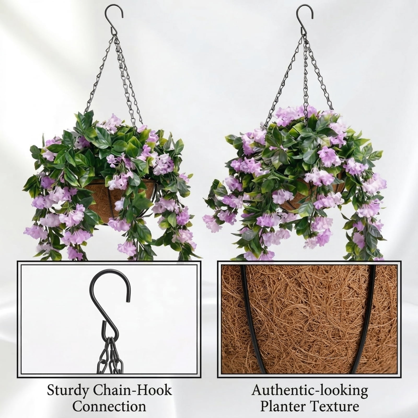 2 Pack Artificial Hanging Flowers for Outdoors, Fake Violet with Hanging Basket, UV Resistant Faux Hanging Plants for Porch Patio Yard Decor