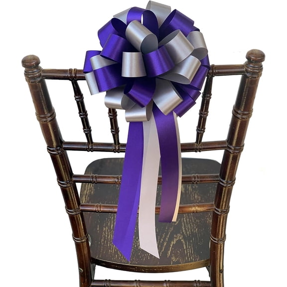 Purple & Silver Pull Bows - 8" Wide, Set of 6, Christmas, Wedding Pew Bows, Reception, Anniversary, Mardi Gras