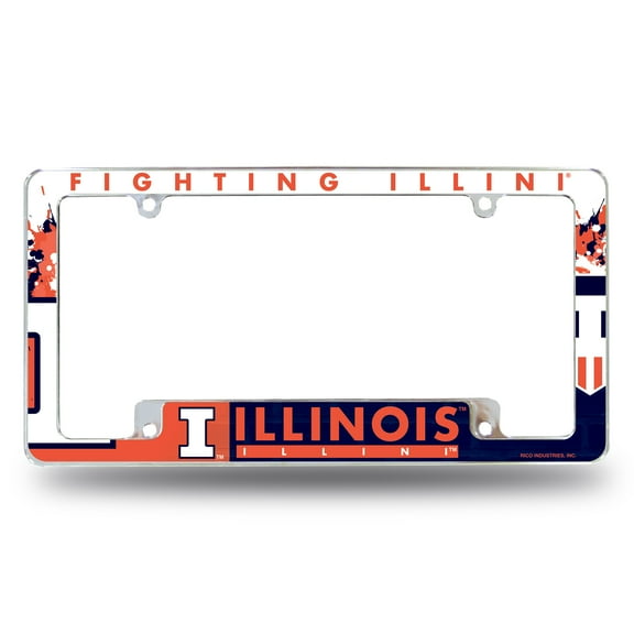 University of Illinois Fighting Illini Metal License Plate Frame Chrome Tag Cover All Over Design 6x12 Inch