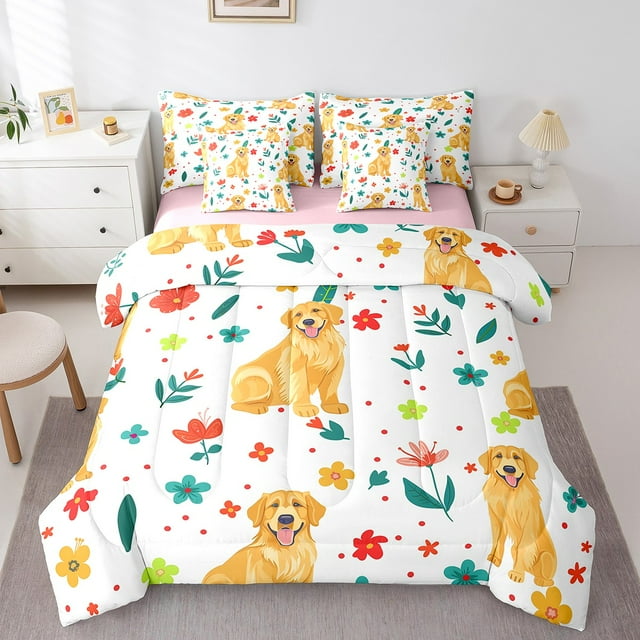 YST Cartoon Dogs Comforter Set, 7-Piece, Full Size, Colorful Flowers and Leaves