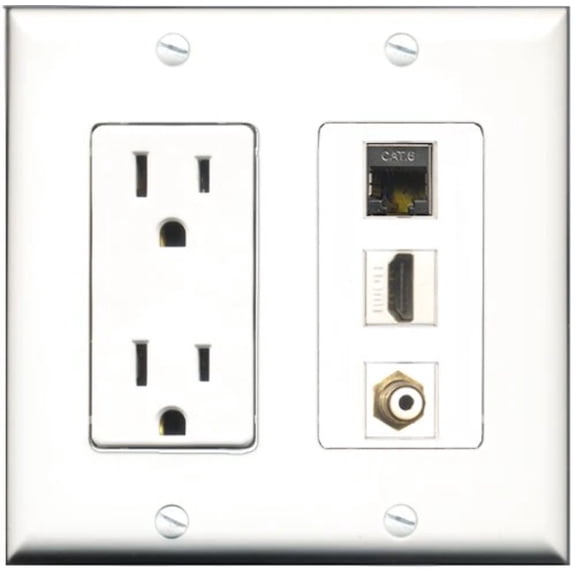 RiteAV - 15 Amp Power Outlet 1 Port HDMI 1 Port RCA White 1 Port Shielded Cat6 Ethernet Ethernet Decorative Wall Plate