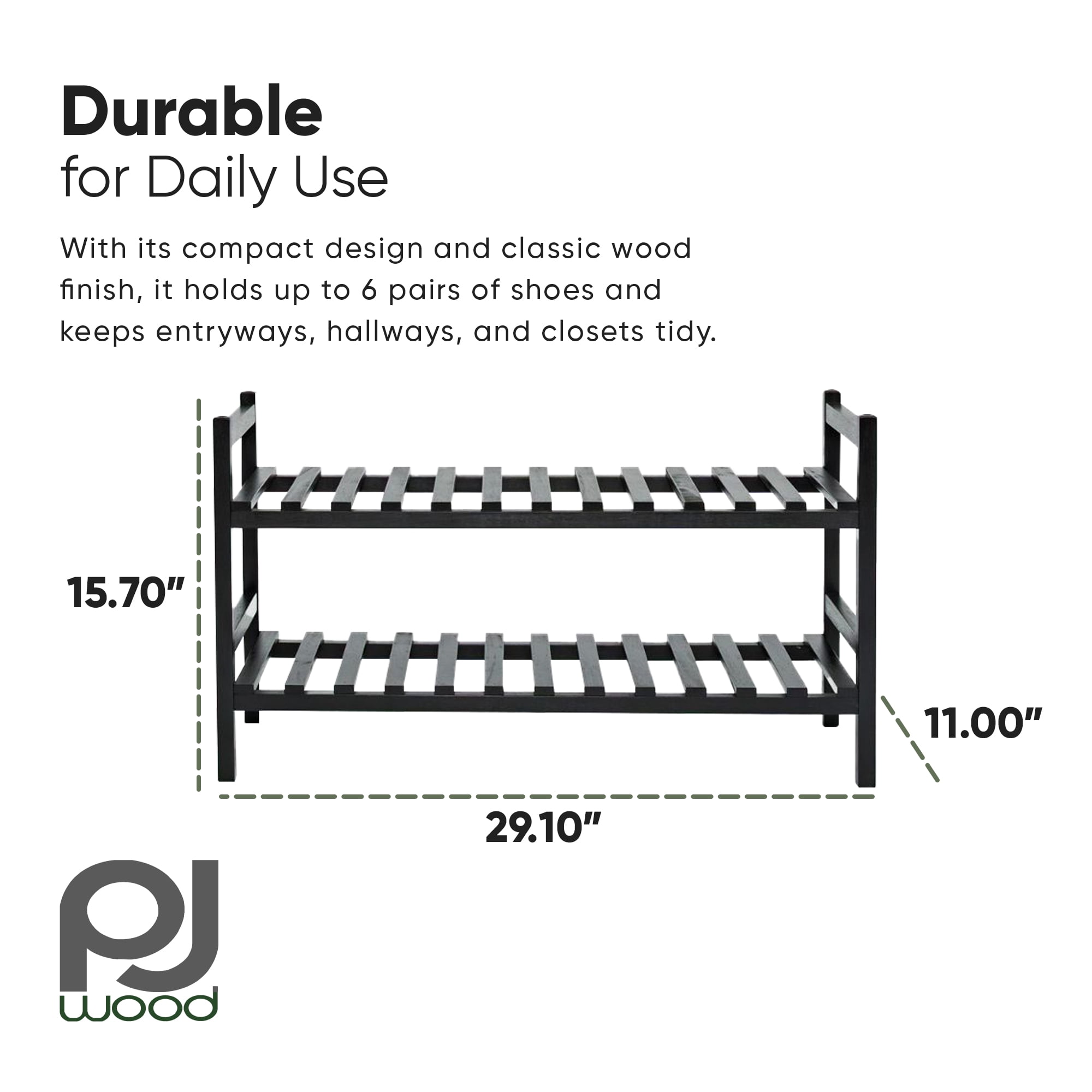 PJ Wood Stackable Wood Shoe Rack Organizer Shelf Closet Entryway Bedroom, Black
