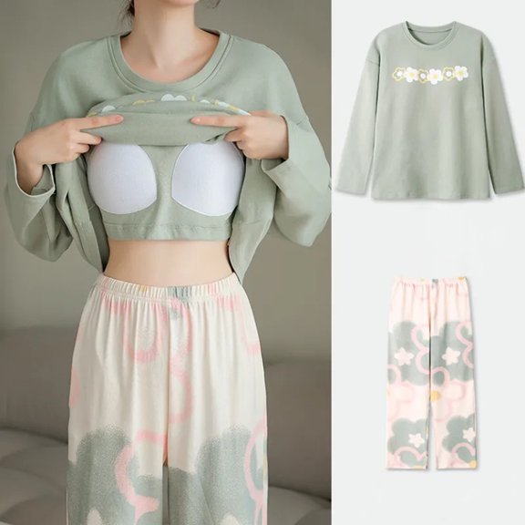 Ayolanni Cute Pajamas Set for Women 2 Piece Long Sleeve Tops and Long Pants Pjs Lightweight Loose Solid Print Loungewear with Built in Bra Sleepwear Sets L