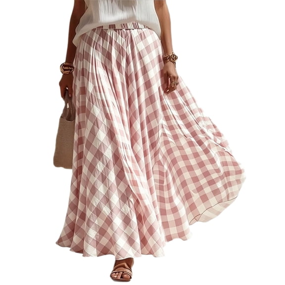Floleo Women Elegant Plaid Print High Waist Pleated Half Length Skirt Flowy Chiffon Long Skirt Comfortable Breathable Outfit for Beach Vacation Brunch Date Summer Casual Wear(Pink,S)