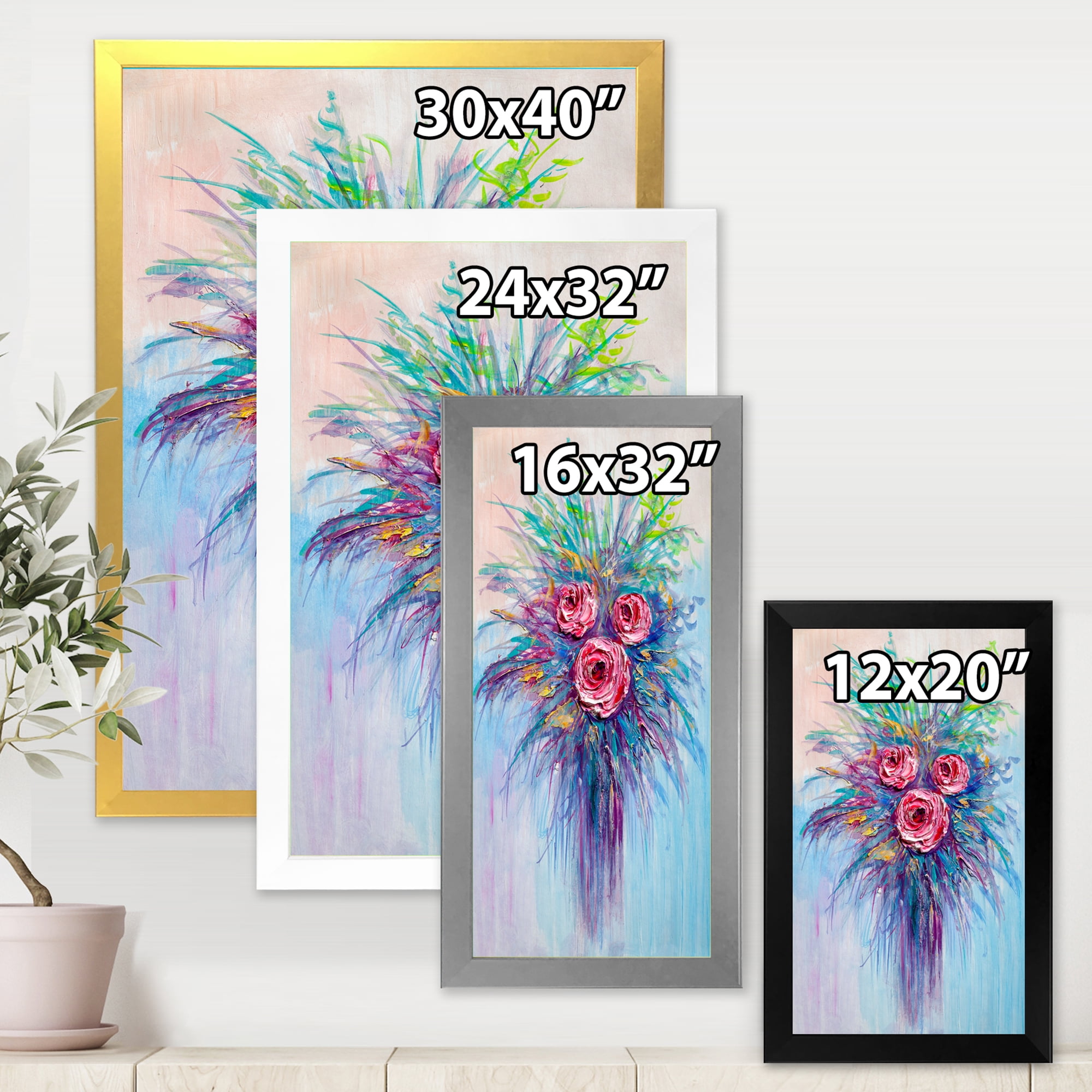 Designart 'Bouquet Of Red Roses In A Vase On Blue' Traditional Framed Art Print