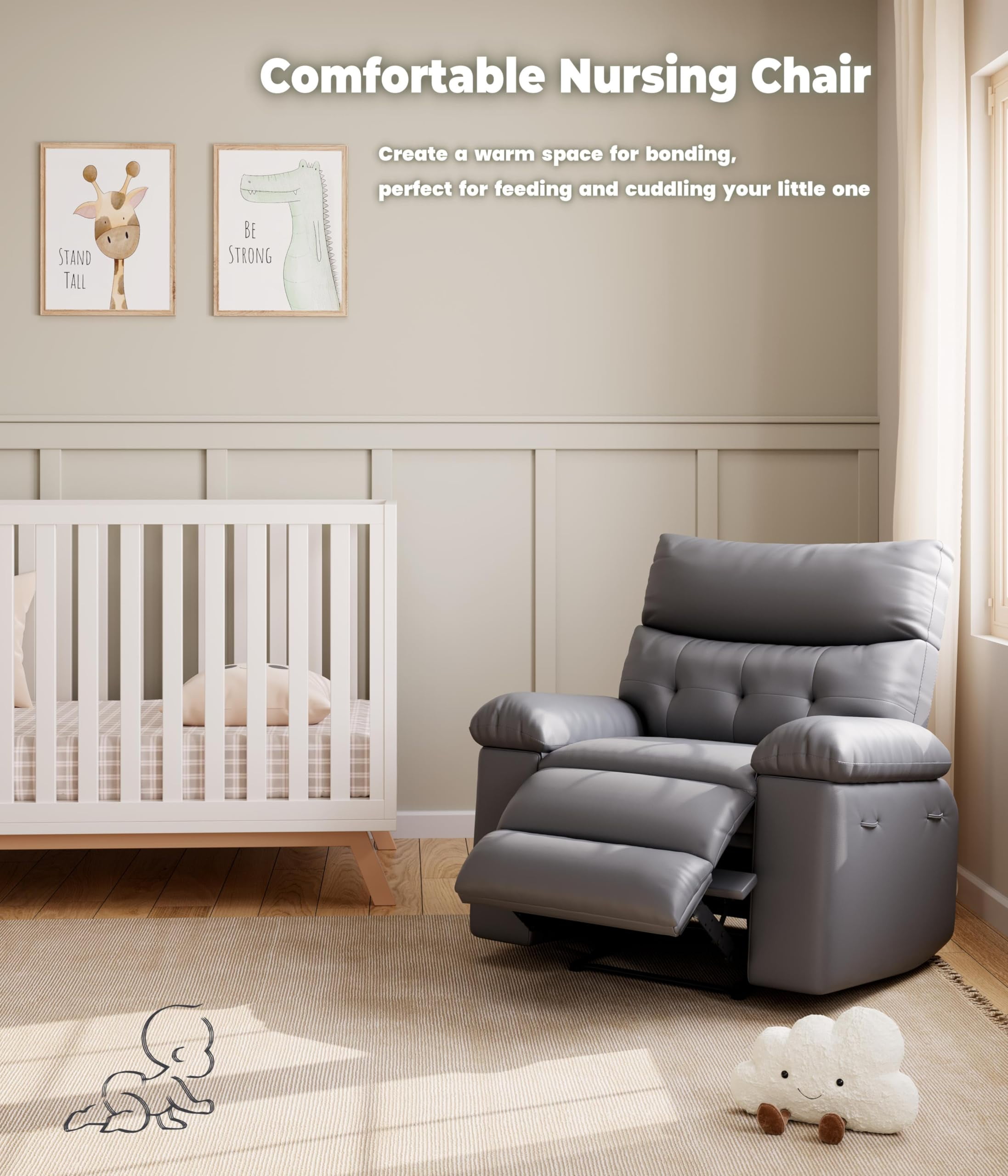 Oversized PU Leather Recliner Chair, Extra Wide Manual Recliner for Adults, Lazy Chair Single Sofa with 1.5X Sponge Comfort Arm, Thick Cushion and Back, for Living Room, Bedroom