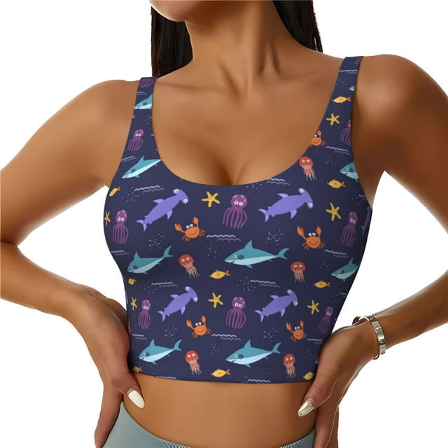 Balery Cute Shark Sujetadores deportivos con espalda cruzada para mujer, acolchados, sin costuras, de alto impacto, ideales para yoga, gimnasio, entrenamiento y fitness.-Large