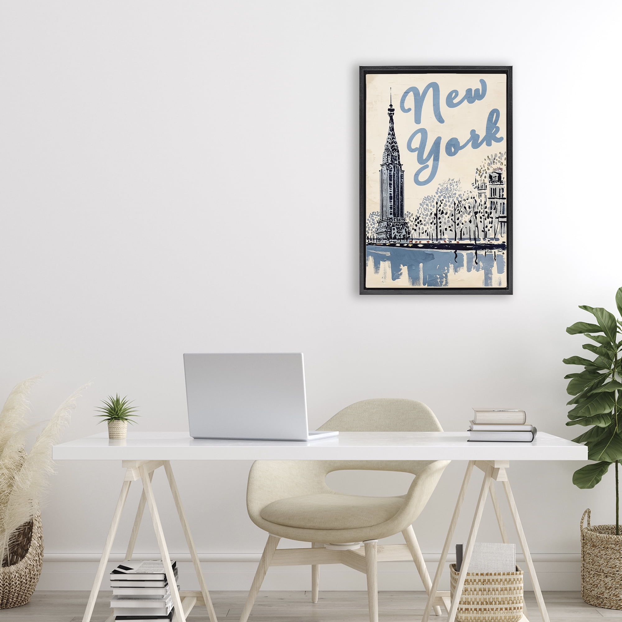 Stupell Industries Blue & Beige New York Travel Black Framed Floater Canvas Wall Art, design by Annabelle Hall