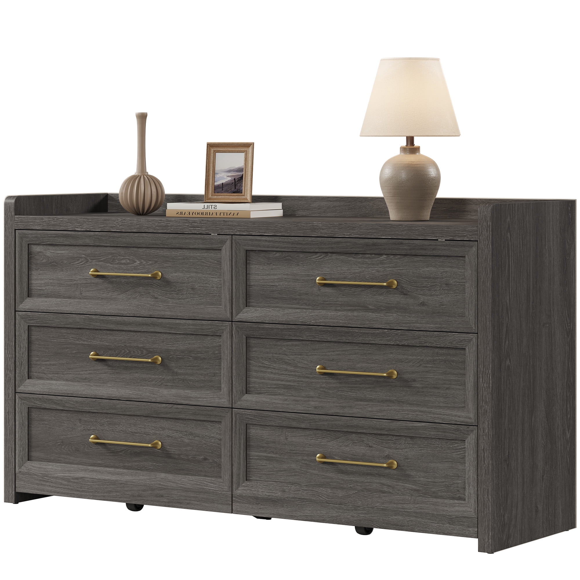 SICOTAS 56.4"W Farmhouse 6 Drawer Double Dresser, Long Chest of Drawers with Brass-tone Handles & Rolling Wheels, Wooden Dresser Storage Cabinet for Bedroom Living Room, Grey Oak
