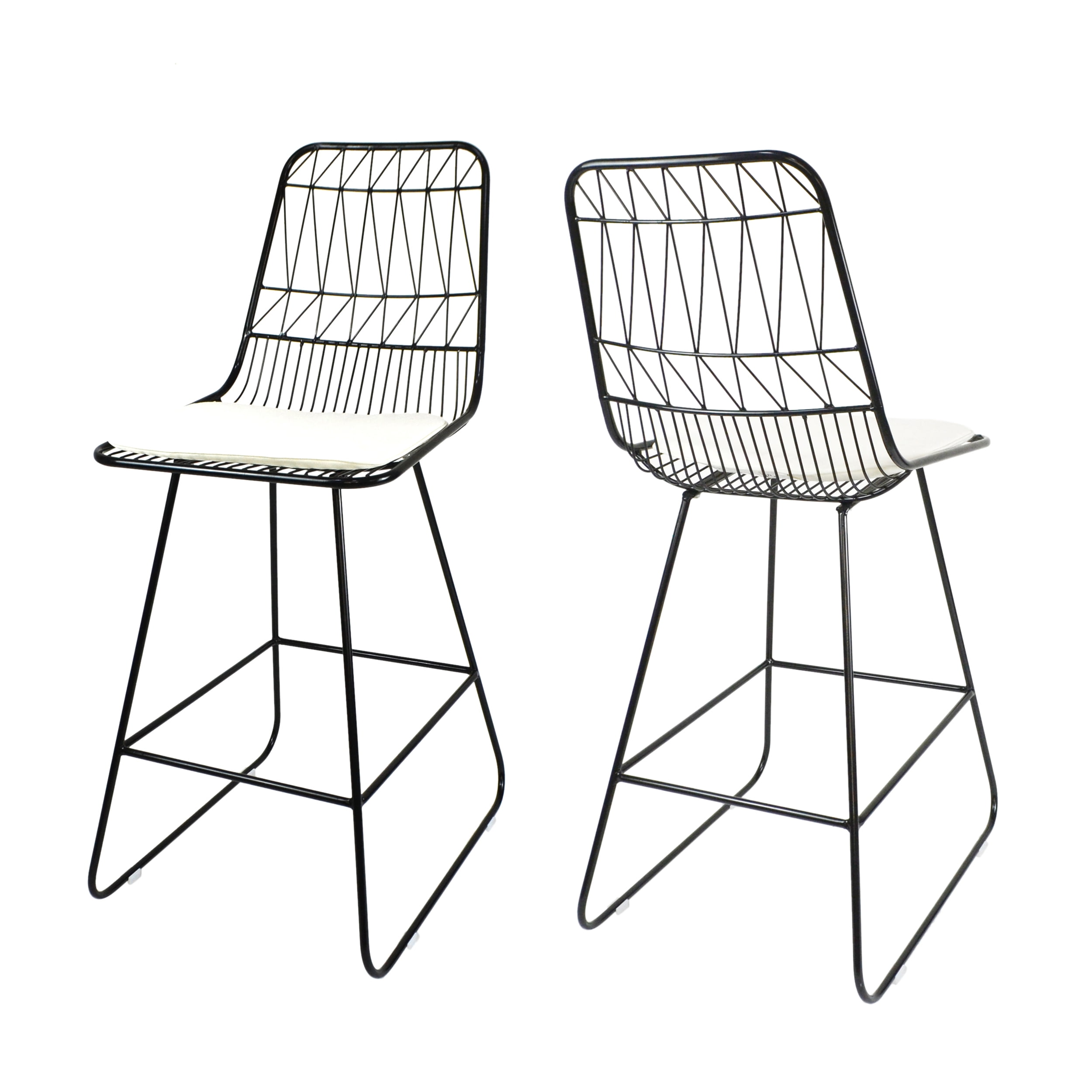 Emory Outdoor Wire Counter Stools with Cushions (Set of 2), Black and Ivory