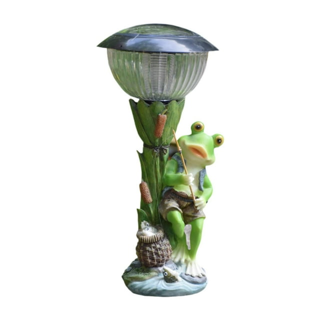 Estatua de rana con luz solar, divertida y linda decoración de resina para jardín, patio, porche exterior. Rana de pesca