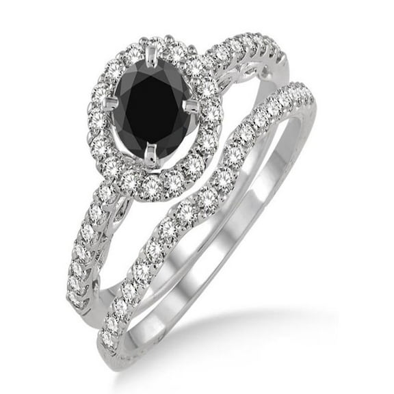 1.5 Carat Black Diamond Antique Floral Halo Bridal set on 10k White Gold