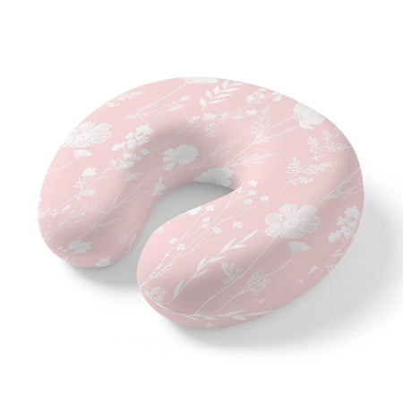 Neck Pillow Botanical White Floral Sketch on Pink Travel Pillow Memory Foam U Shaped Pillows Rustic Blossom Flower Travel Neck Pillows for Airplane Car Office Home Sleeping Rest