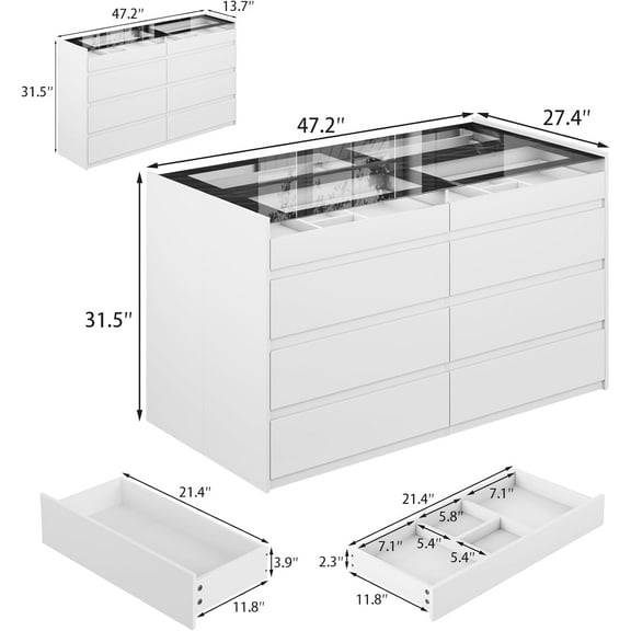 16-Drawer Closet Island with Glass Top, LED Light, White Dresser for Bedroom & Cloakroom