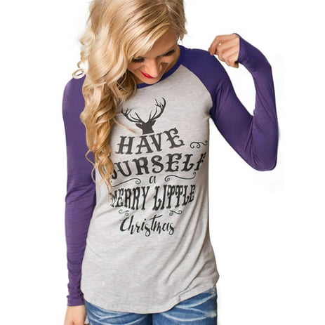 Women's Christmas Long Sleeve Deer Raglan Reindeer Casual Jumper Tops