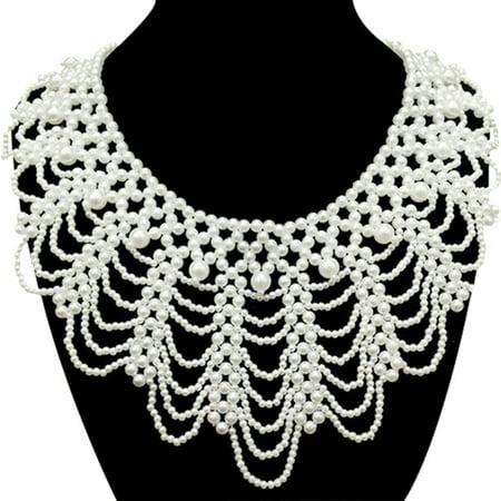 harmtty Lady False Collar Beaded Lightweight Portable Exquisite Durable Solid Color High-end Imitation Pearl Hollow Out False Collar Wedding Jewelry White