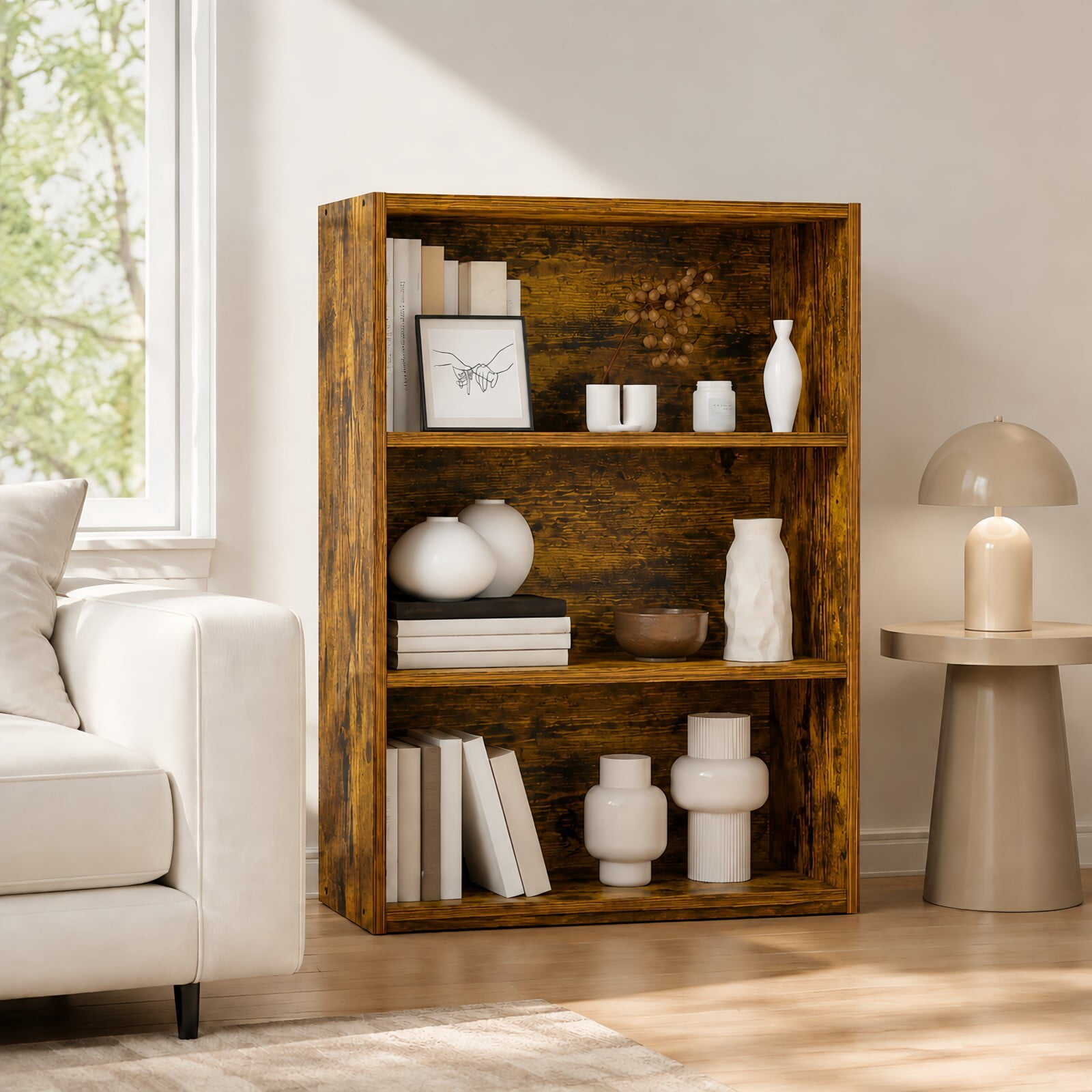 Kelno 3 Tier Vintage Bookshelf 31.5" Freestanding Wood Bookcase with Adjustable Shelf Anti-Tip Kit, Rust