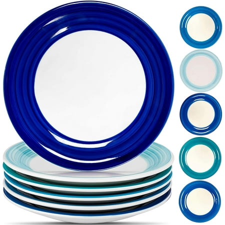 

Porcelain Dinner Plates Set of 6 10.5 inch Ceramic Dessert Plates Set- Microwave Oven and Dishwasher Safe Salad Plates Kitchen Dinnerware Set Assorted Blue Colors