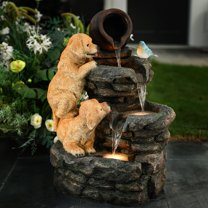 LuxenHome Outdoor Water Fountain, 26" Puppy and Rock Resin Water Fountains Indoor with LED Lights