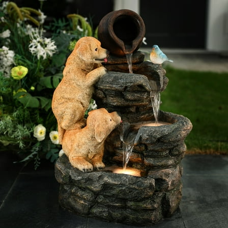 LuxenHome Outdoor Water Fountain, 26" Puppy and Rock Resin Water Fountains Indoor with LED Lights