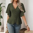 thumbnail image 2 of Stichou Women's Shirts Long Sleeve Dressy Spring Casual Classic Elegant V-Neck Button Decorated Flare Sleeve Fashion Blouses Army Green L, 2 of 6