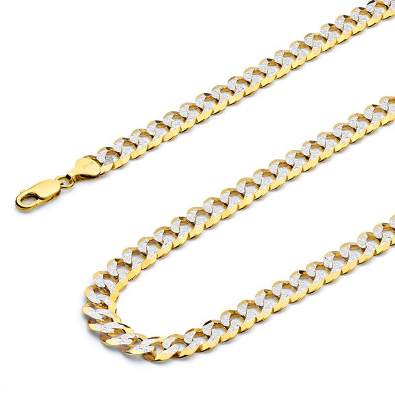 Wellingsale 14k Yellow Gold Polished Solid 9.5mm Cuban White Pave Diamond Cut Chain Necklace - 24"