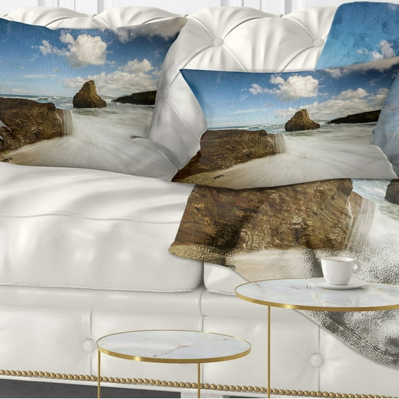 Designart Rushing Waters into Rocky Mountains - Seashore Photo Throw Pillow - 12x20