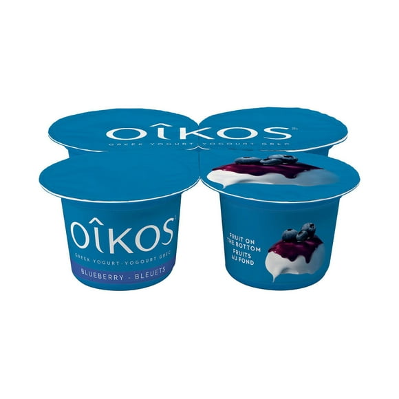 Oikos Greek Yogurt, Blueberry Flavour, Fruit on the Bottom, 2% M.F., 4 x 100g Greek Yogurt Cups