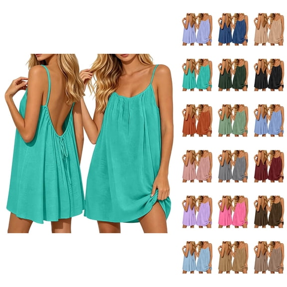 Backless Cami Dress for Women Linen Open Back House Lounge Loose Dresses Spaghetti Strap Summer Beach Flowy Sundress