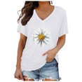 thumbnail image 1 of Pompotops T-Shirt Mode Femme Imprimé Couleur Unie Col en V Manches Courtes Tee Décontracté, 1 of 5